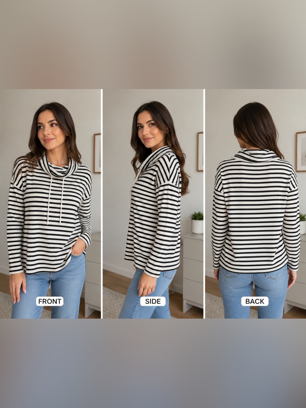 SHEIN Black White Striped Cowl Neck Long Sleeve Knit Top Size L